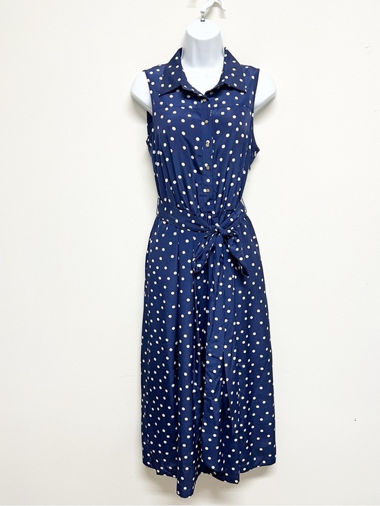 1901 Dresses & Skirts - 1901 Womens Navy White Polka Dot Sleeveless Tie Waist Button Up Midi Dress